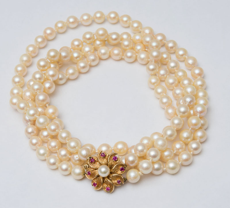 Appraisal: DOUBLE STRAND CULTURED PEARL NECKLACE WITH K GOLD RUBY AND