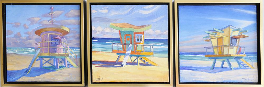 Appraisal: Three Illya Kagan Oils on Canvas Triptych Lifeguard Station Huts