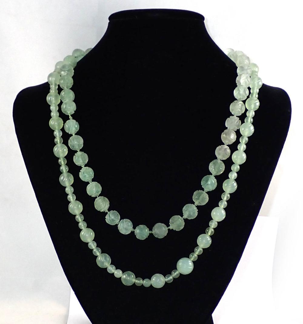 Appraisal: TWO CHINESE GREEN TRANSLUCENT BEAD NECKLACES including a necklace strung