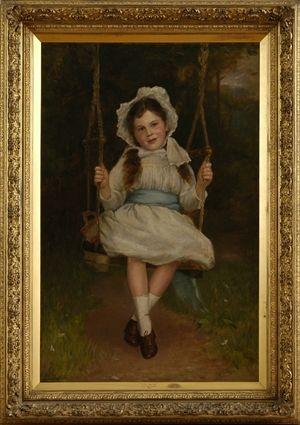 Appraisal: EUROPEAN SCHOOL GIRL ON SWING Oil on canvas indistinctly signed