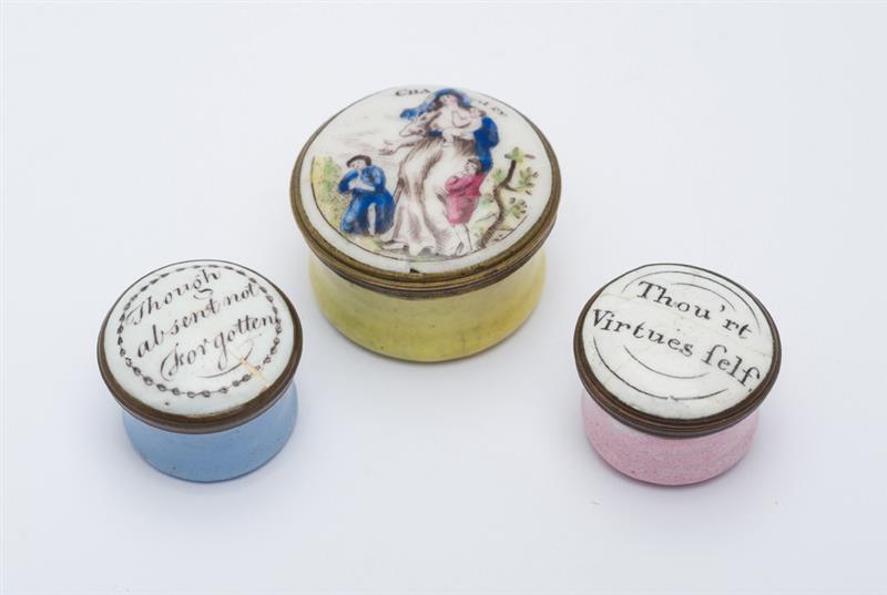 Appraisal: Three South Staffordshire Enamel Circular Snuff Boxes and Covers Variously