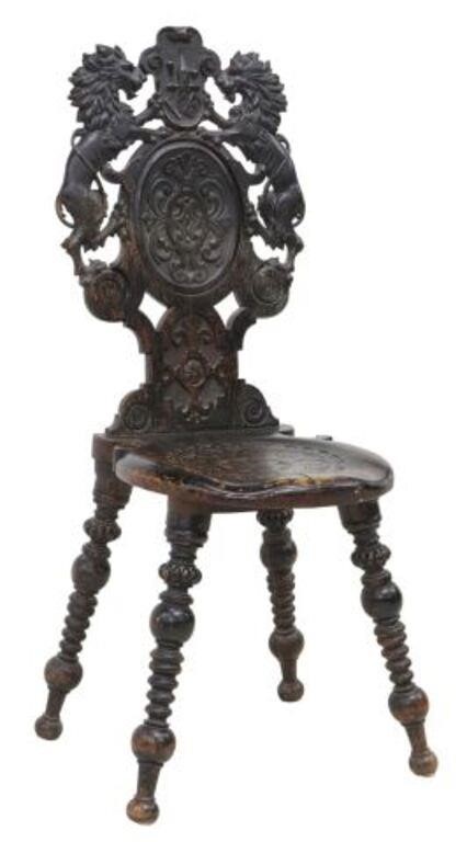 Appraisal: Renaissance Revival carved hall chair early th c cartouche crest