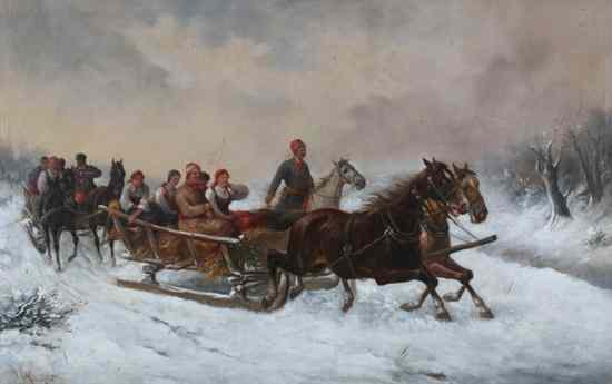 Appraisal: J LINSRSKI Polish th th century HORSE DRAWN SLEIGHS signed