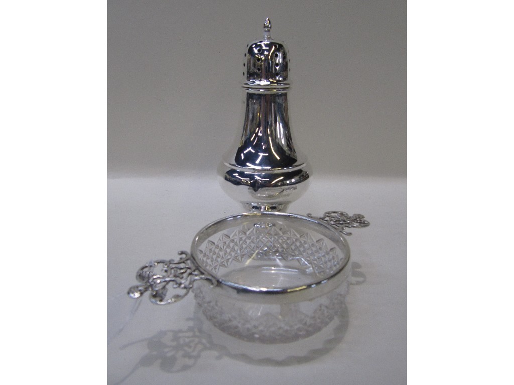 Appraisal: Lot comprising silver sugar castor and a silver mounted cut