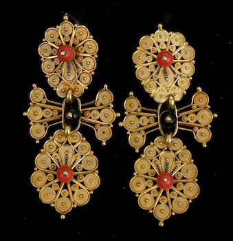 Appraisal: Victorian Style Ear Pendants with Coral And Onyx k yellow