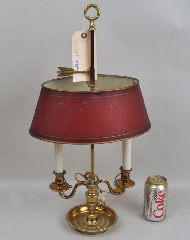 Appraisal: Brass Two Arm Bouillotte Lamp Red Tole Shade high wide