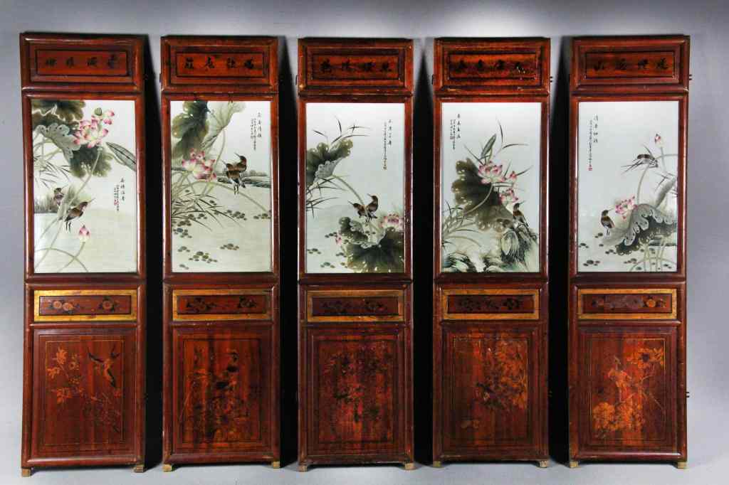 Appraisal: Paneled Chinese Porcelain Inlaid Wood ScreenEach porcelain inlaid plaque finely