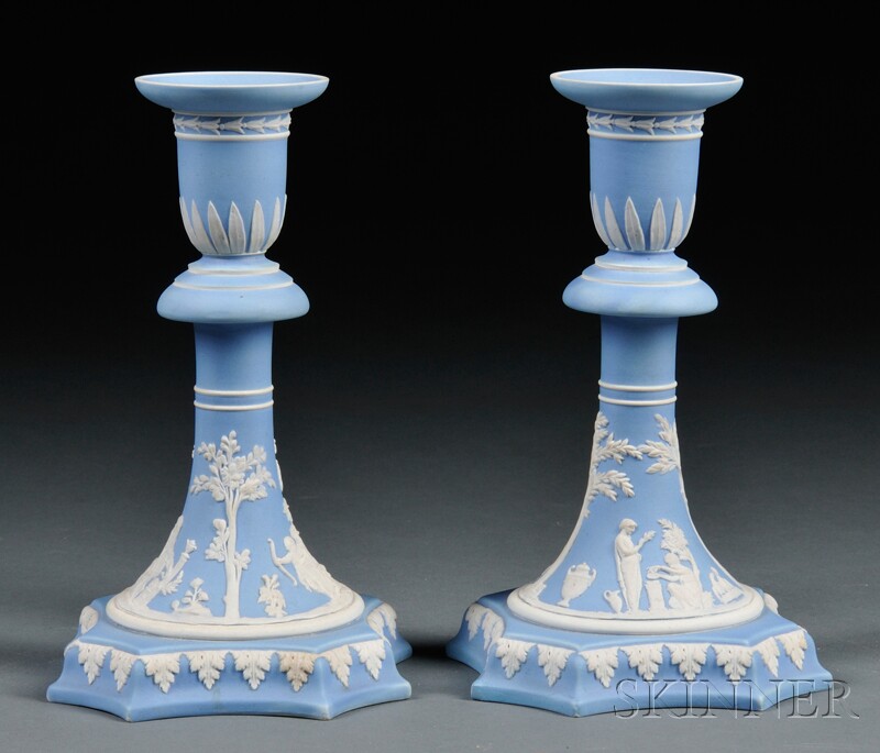 Appraisal: Pair of Wedgwood Light Blue Jasper Dip Candlesticks England c