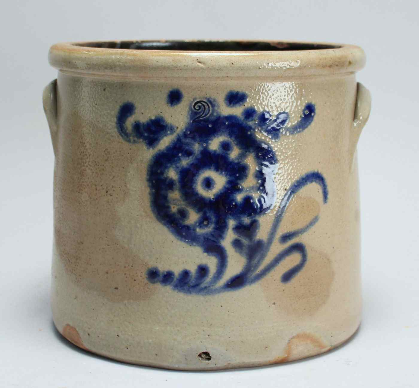 Appraisal: TWO-GALLON STONEWARE CROCK th CenturyWith applied strap handles and cobalt