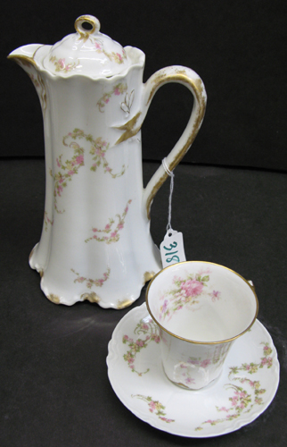 Appraisal: LIMOGES FRANCE PORCELAIN CHOCOLATE POT AND CUPS AND SAUCERS pieces