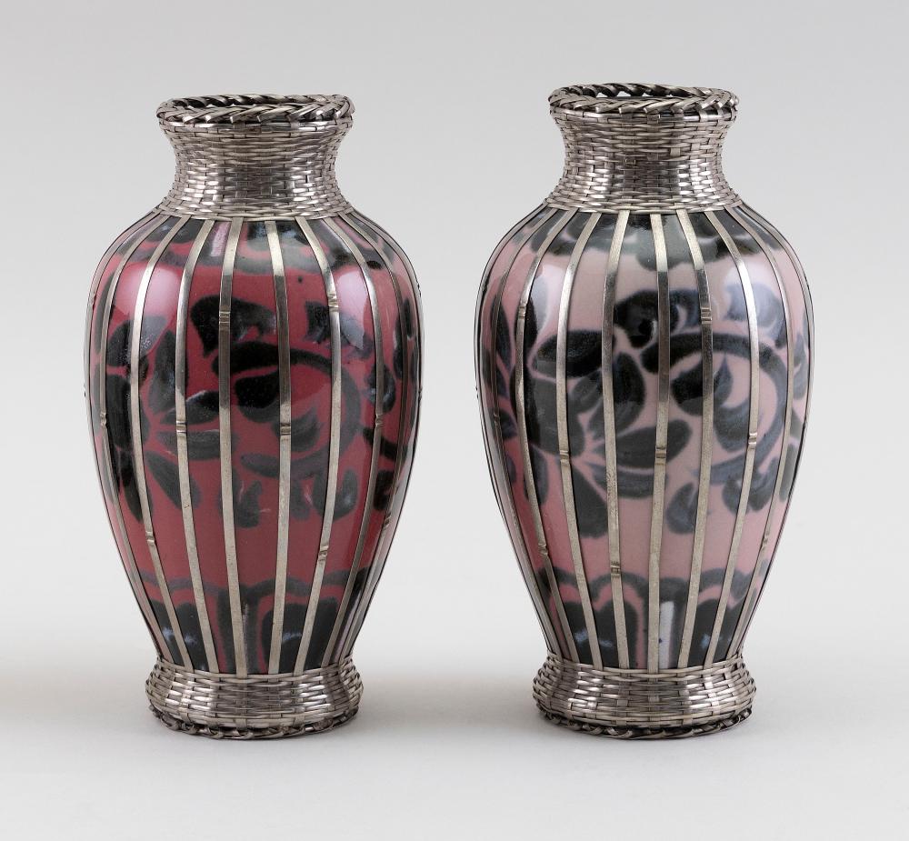 Appraisal: PAIR OF JAPANESE SILVER-OVERLAID PORCELAIN VASES TH CENTURY HEIGHTS PAIR