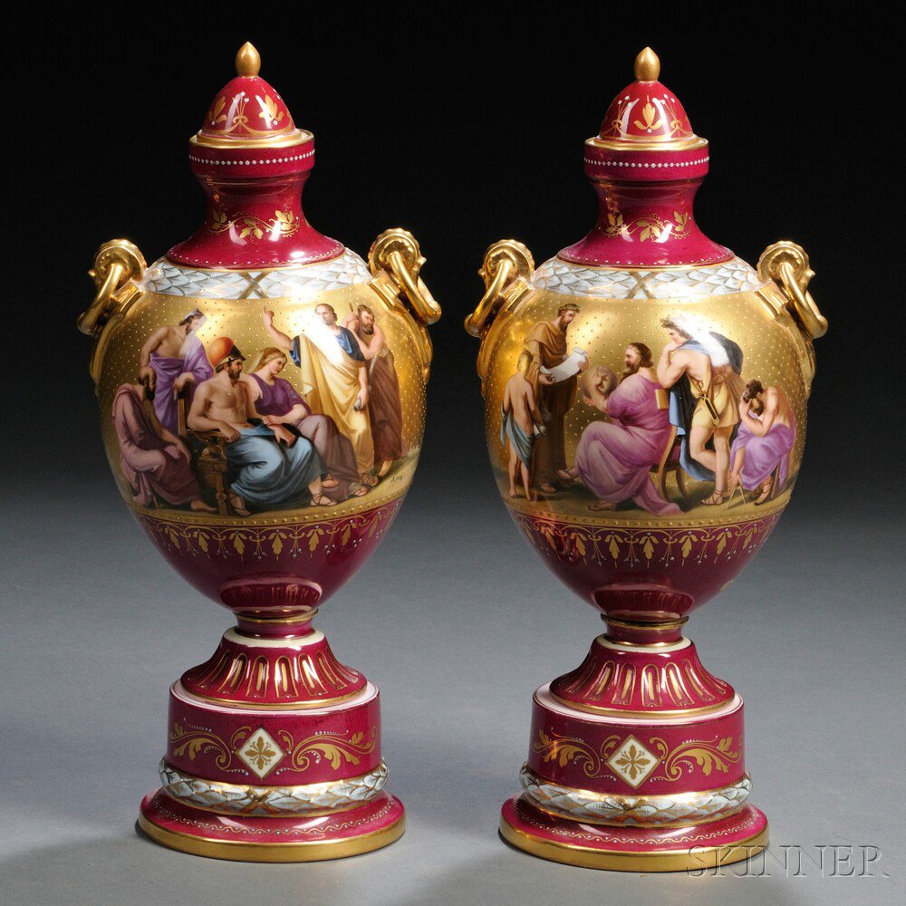 Appraisal: Pair of Vienna Porcelain Urns and Covers Austria late th