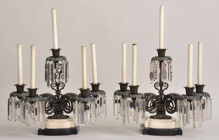 Appraisal: PAIR OF VICTORIAN GLASS-HUNG BRONZE FIVE-LIGHT CANDELABRA Each with raised