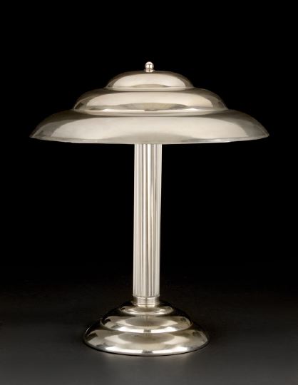 Appraisal: Stylish French Nickel and Glass Desk Lamp of step-domed form