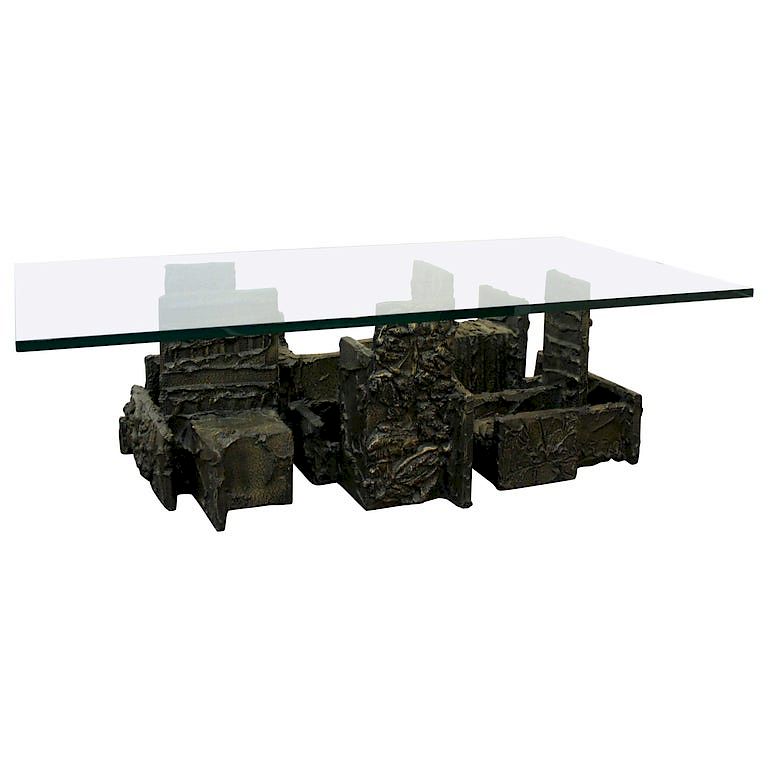 Appraisal: Paul Evans Brutalist Bronze Glass Coffee Table Paul Evans American