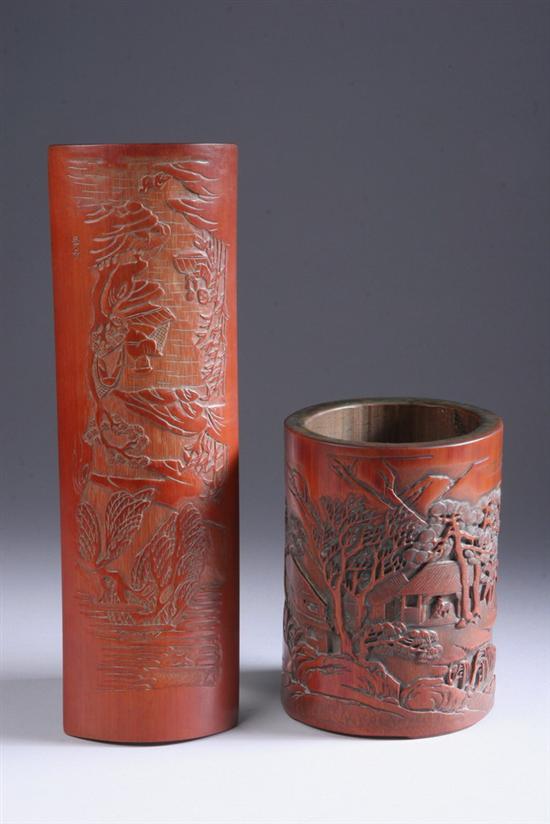 Appraisal: CHINESE BAMBOO BRUSH POT AND WRIST REST th century Riverscape