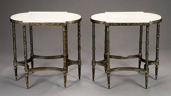 Appraisal: A pair of Directoire style patinated bronze and marble tables