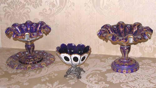 Appraisal: Title Pr Bohemian Cased-Glass Comports and White-cut-back-to-blue glass candy dish