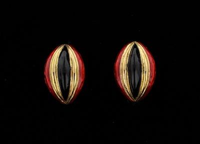 Appraisal: A Pair of Italian k Gold and Enamel Earclips k