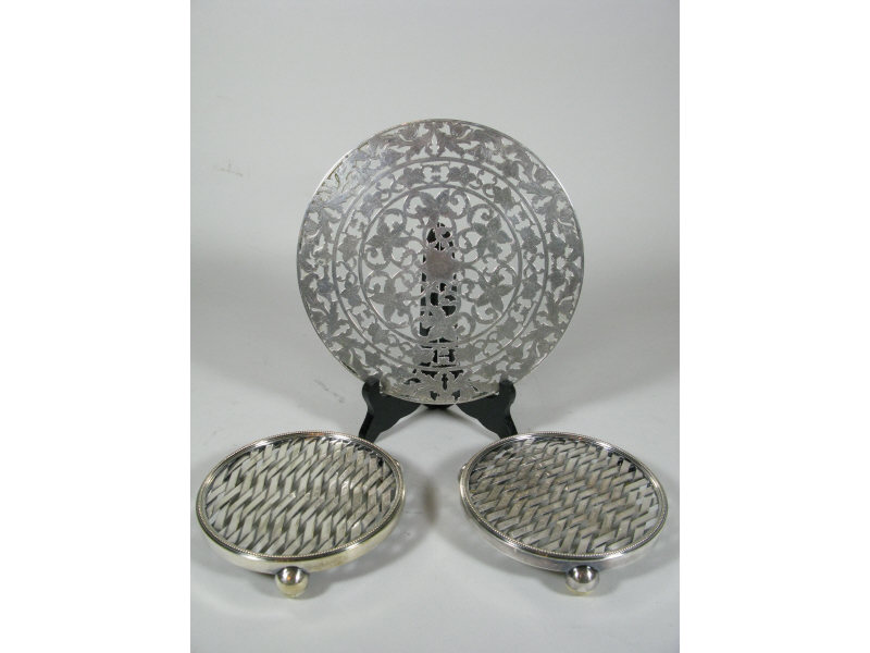 Appraisal: Group of Three Silver Trivets one having a pierced floral