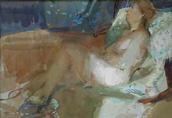 Appraisal: Tom Coates - watercolour Reclining female nude monogrammed x in