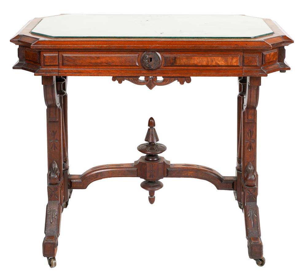 Appraisal: EASTLAKE CARVED MAHOGANY SIDE TABLEthe top inset with green leather