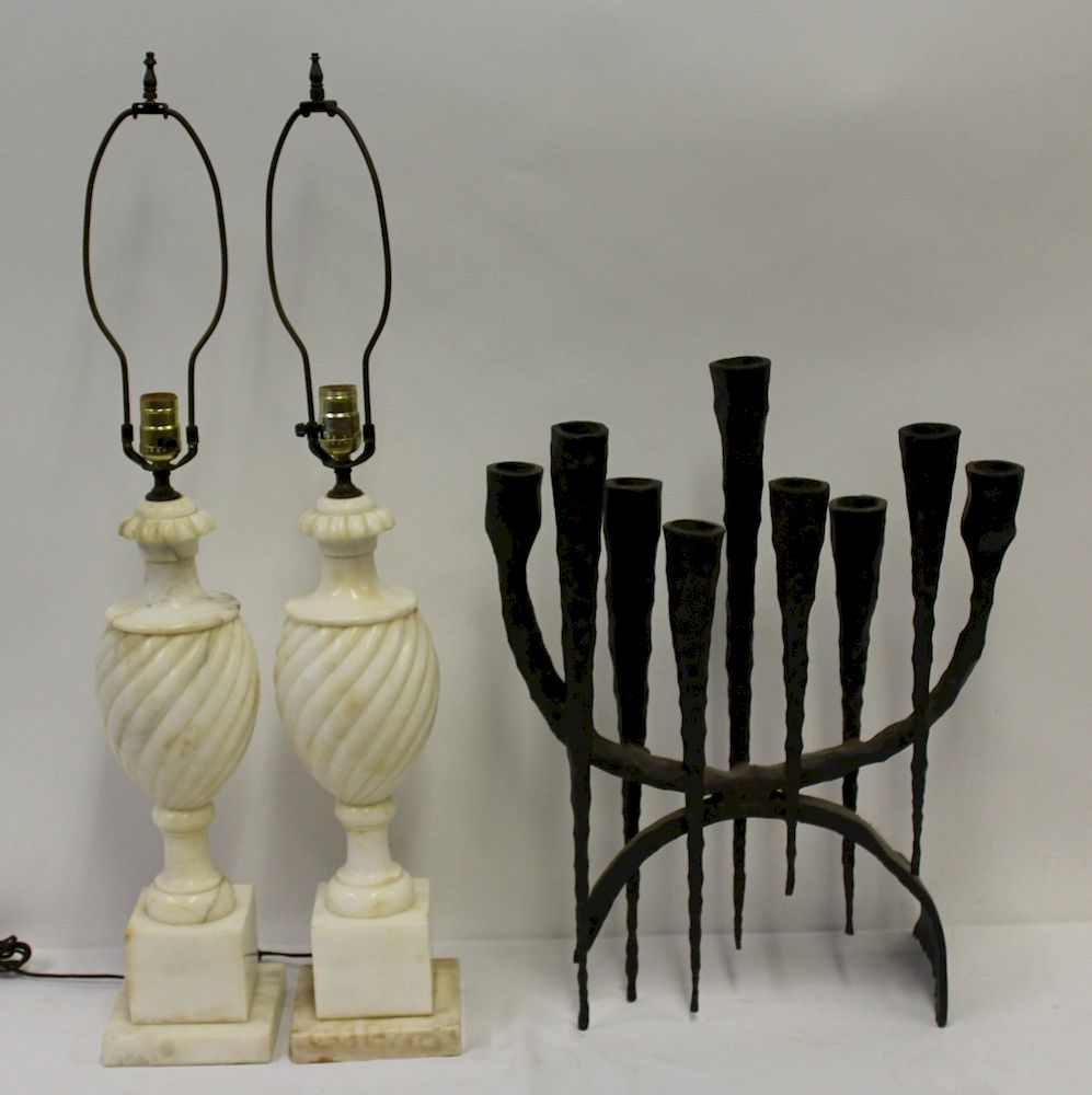 Appraisal: Pair of Antique Marble Lamps Together with a Hand Wrought