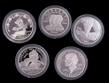 Appraisal: Five commemorative proof silver dollarsCased and boxed