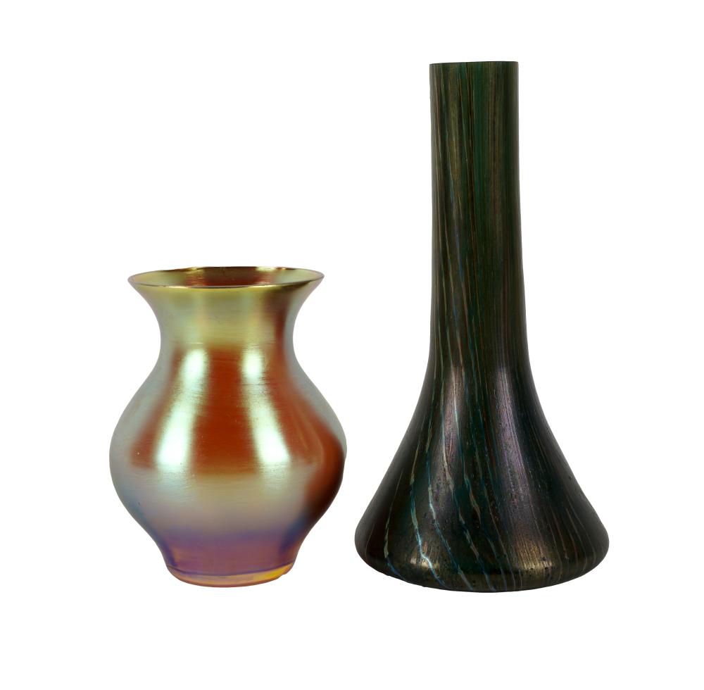 Appraisal: TWO IRIDESCENT GLASS VASESthe first signed Louis C Tiffany and