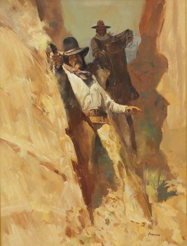 Appraisal: Framed oil on canvas painting Cowboy Behind a Cliff signed