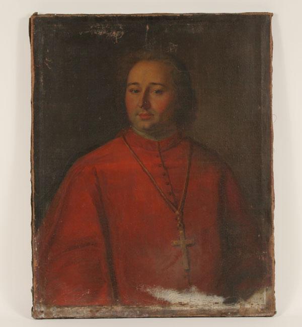 Appraisal: French portraits male religious figure in crimson cassock and crucifix