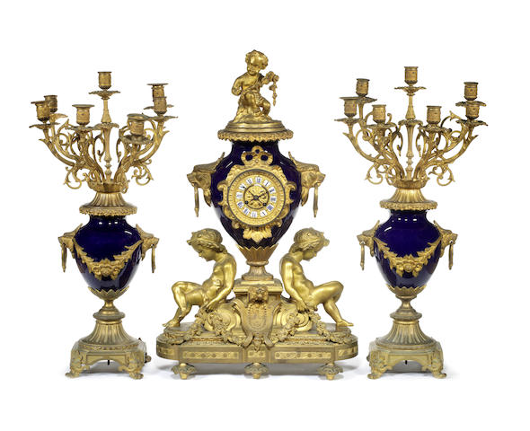 Appraisal: A French late th century gilt-bronze and Sevres style cobalt-blue