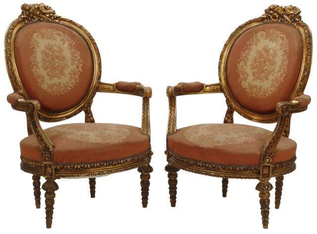 Appraisal: pair French Louis XVI style carved giltwood medallion-back armchairs approx