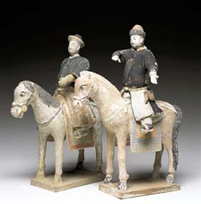 Appraisal: PAIR MING POTTERY EQUESTRIANS Pair Chinese Ming Dynasty painted pottery