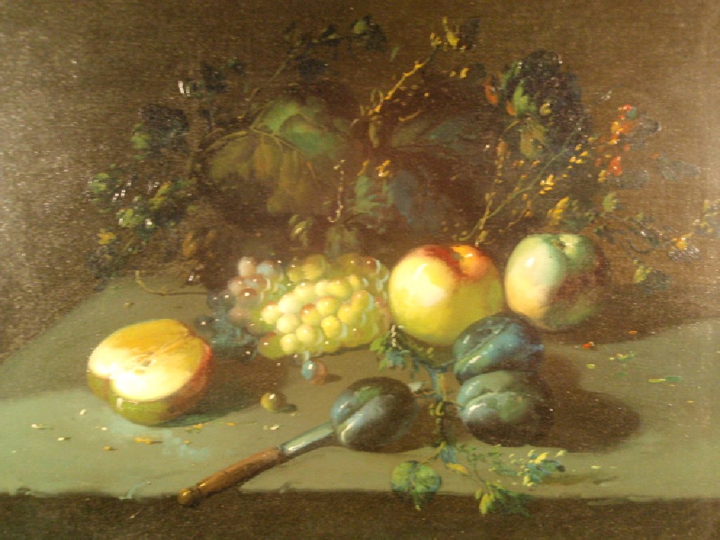 Appraisal: J Munoz Still life of grapes apples and damsons with