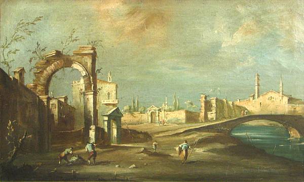 Appraisal: Manner of Francesco Guardi A capriccio with figures oil on