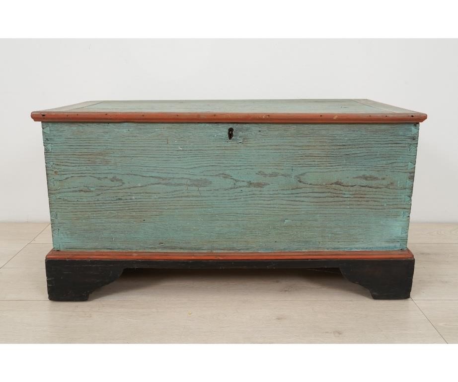 Appraisal: Pine painted green-blue blanket chest with red and black trim