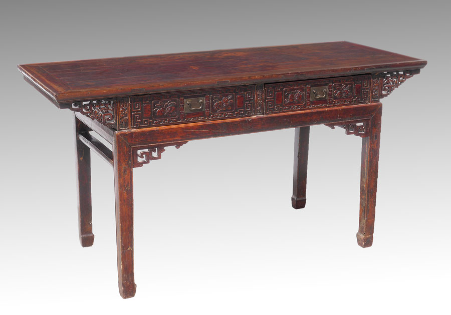 Appraisal: TH CENTURY CHINESE CARVED ALTAR TABLE Paneled top pierce carved