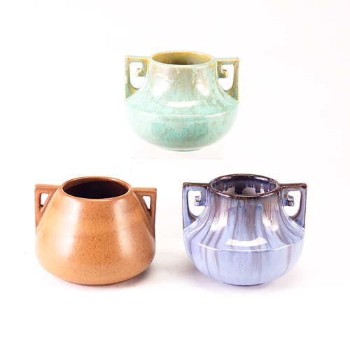 Appraisal: FULPER Three vessels with angular handles one covered in turquoise