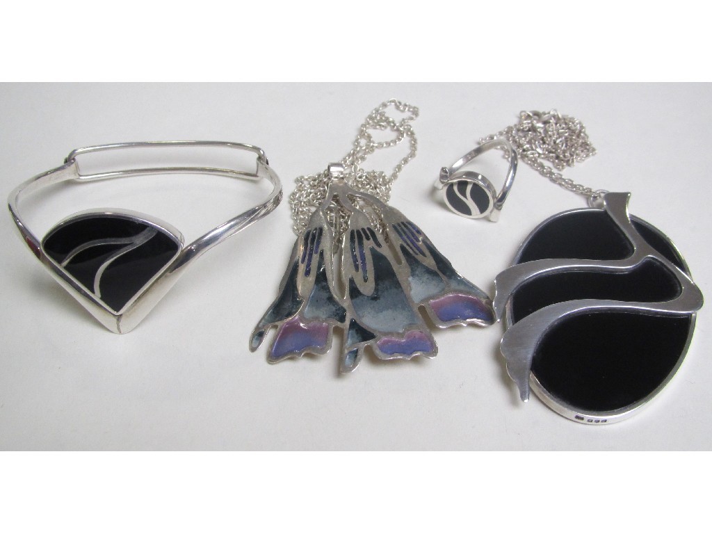 Appraisal: Silver and onyx bangle matching ring and pendant by Ortak