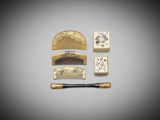 Appraisal: Two square Japanese shibayama boxes two combs and a comb