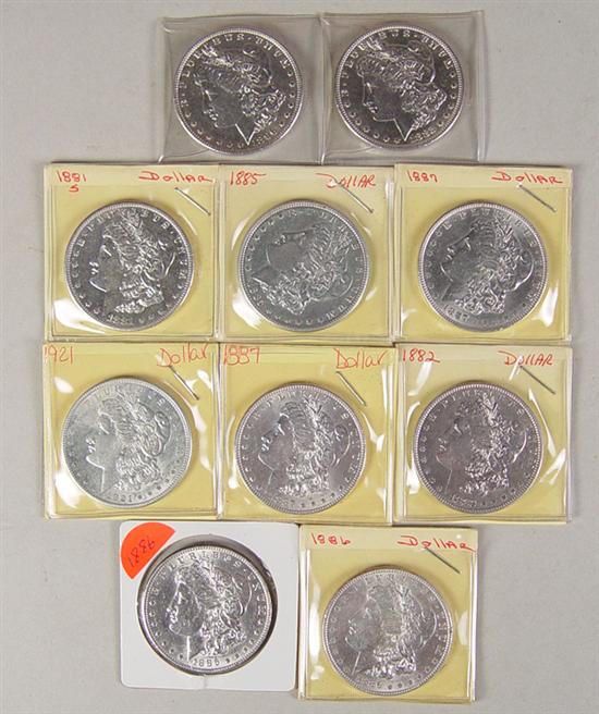 Appraisal: Ten Morgan Dollars in Higher Grades Dates include coins -S