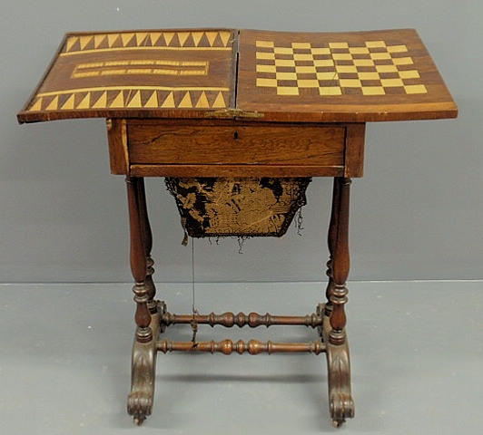 Appraisal: Rosewood sewing table c with an inlaid flip-top gaming board