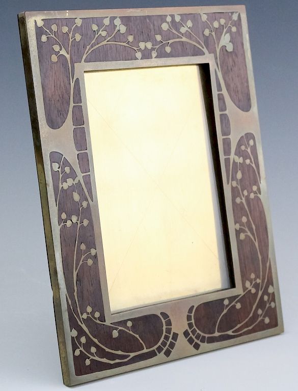 Appraisal: Antique Art Nouveau Brass Wood Inlay Picture Frame Antique art