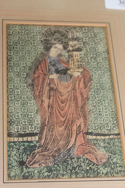 Appraisal: AN ANTIQUE HAND COLOURED WOODBLOCK PRINT of a female Saint