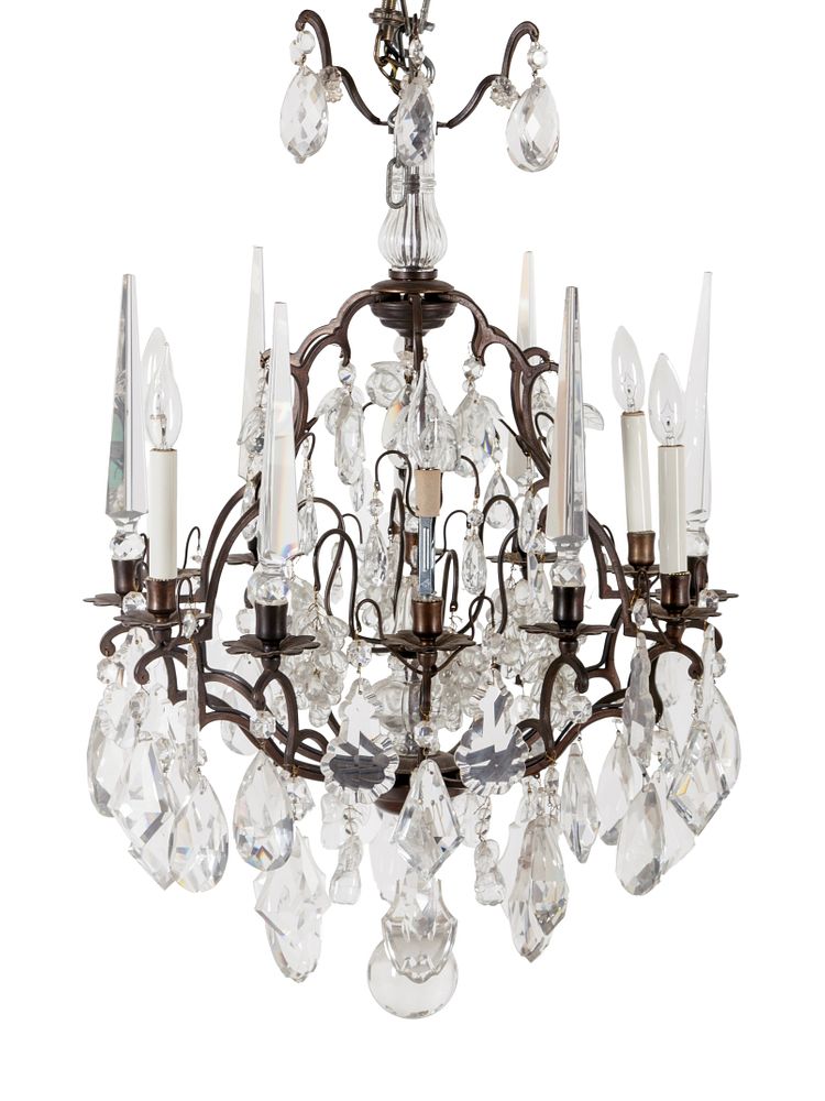 Appraisal: A Gilt Bronze and Glass Six-Light Chandelier with Fruit Prisms