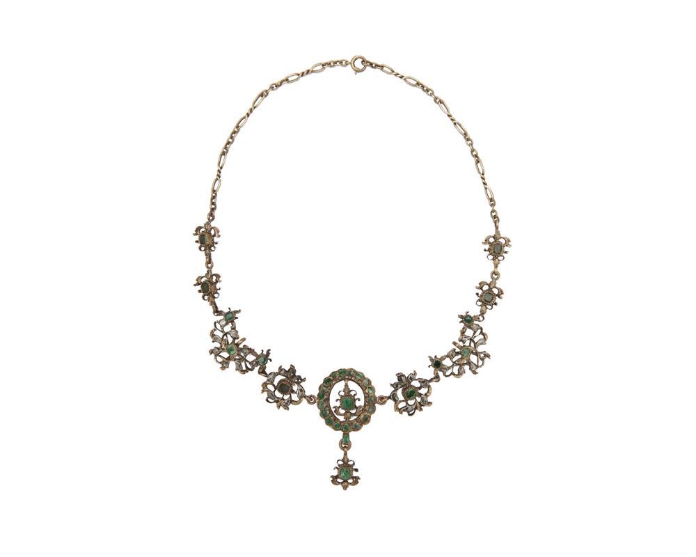 Appraisal: K Gold Silver Emerald and Diamond Necklace the open-work necklace