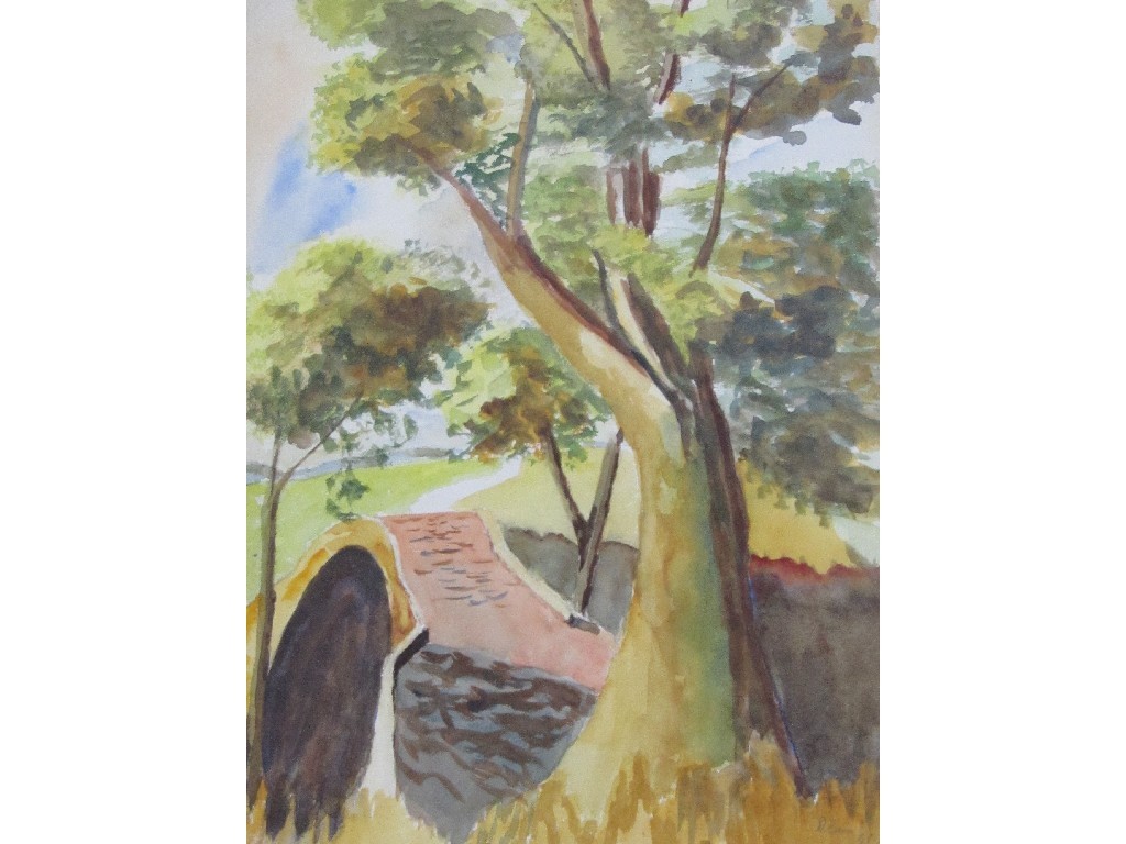 Appraisal: DONALD BAIN - LANDSCAPE WITH A BRIDGE Watercolour signed and