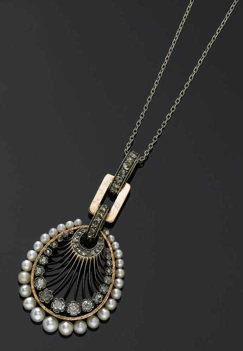 Appraisal: DIAMOND AND PEARL PENDANT ca Silver over red gold Decorative