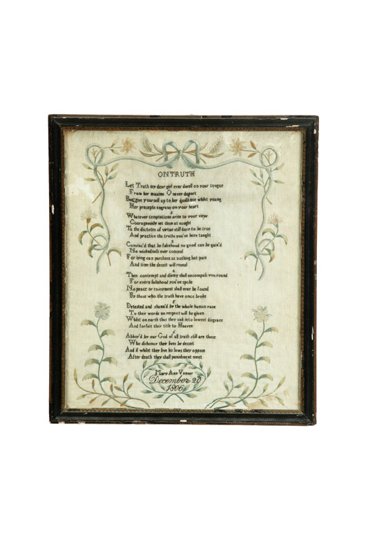 Appraisal: SAMPLER Mary Ann Venner England silk on wool Lengthy poem